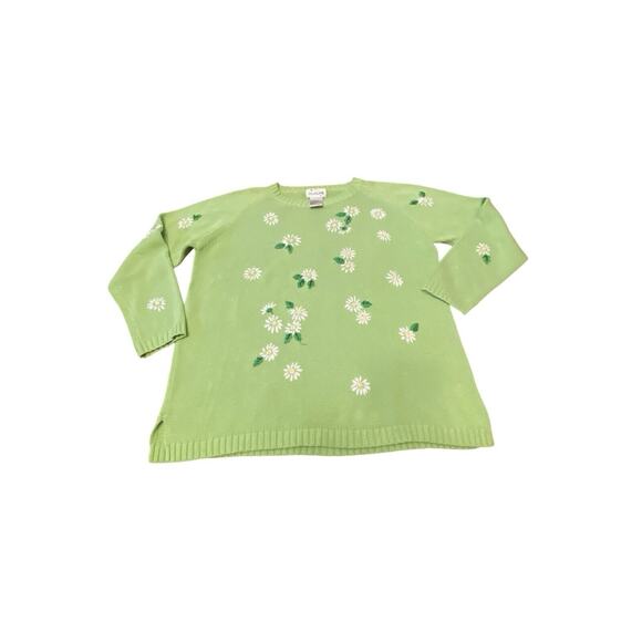Quacker Factory Lime Green Crewneck Sweater With Daisies Oversized Large - Picture 8 of 15
